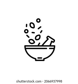 Kitchen mortar with spices line icon. Editable stroke. Minimal kitchen illustration. Pestle pictogram for cooking or pharmacy