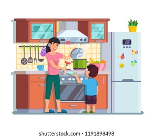in the kitchen my mother gives the child a boiled sausage. Modern flat style thin line vector illustration.