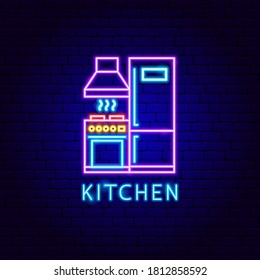 Kitchen Neon Label. Vector Illustration of Furniture Promotion.