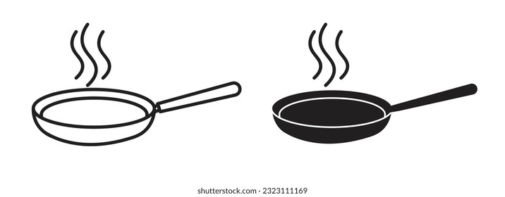 kitchen non stick cooking pan icon set. frying pan with handle filled and outlined vector symbol.