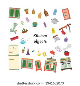 Kitchen object, equipment. Kitchenware, appliances in flat, cartoon style. Cooking, houshold theme. Kitchen objects are isolated on white background. Vector illustration.
