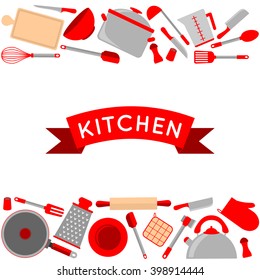 Kitchen objects card design. Vector illustration with pot, kettle, plate, spoon, trowel, scoop, and other kitchen accessories.