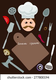kitchen objects with funny cartoon cook chef,brown background.
