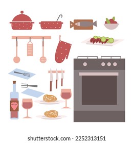 Objetos de cocina con comida y platos en un sencillo estilo vectorial plano en tonos pastel.
