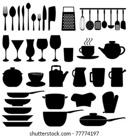 Kitchen objects and utensils in black