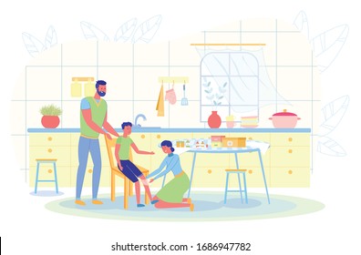 In Kitchen on Chair Sits Boy in Shorts. He has Wounded Knee. On Table is First Aid Kit, Alcohol and Bandages. Mother Bandages Wound. Nearby, Father puts his Hand on his Son’s Shoulder.