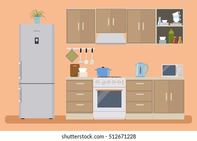 Kitchen in orange color. There is a refrigerator, a furniture of a beige color, a microwave, a kettle and other objects in the picture. Vector flat illustration
