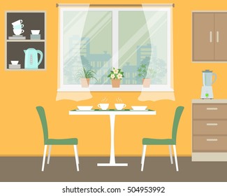 Kitchen in orange color. There is a table, two green chairs, shelves, a window with flowers and other objects in the picture. Vector illustration
