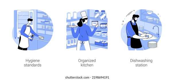 Kitchen organization isolated cartoon vector illustrations set. Hygiene standards in horeca, sous chef signs boxes with meal ingredients, dishwashing station, professional staff vector cartoon.