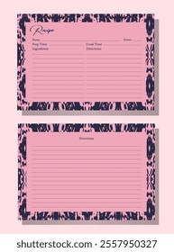 Kitchen organizing printable for new year. Recipe card templates with a soft pink background. Feminine and elegant design. Decorative borders tribal or ethnic-inspired pattern. Culinary enthusiasts.