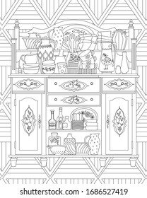 kitchen ornate vintage cupboard with pots, cups, dishes on geometric abstract background for your coloring book