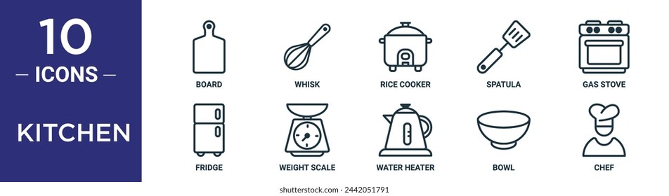 kitchen outline icon set includes thin line board, whisk, rice cooker, spatula, gas stove, fridge, weight scale icons for report, presentation, diagram, web design