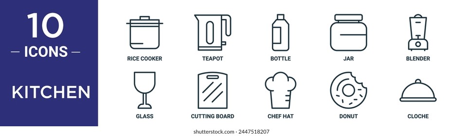 kitchen outline icon set includes thin line rice cooker, teapot, bottle, jar, blender, glass, cutting board icons for report, presentation, diagram, web design