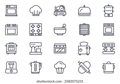 Kitchen outline web icon set. Oven, mixer, dishwasher, food processor, vector illustrations