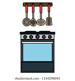 kitchen oven with cutleries hanging