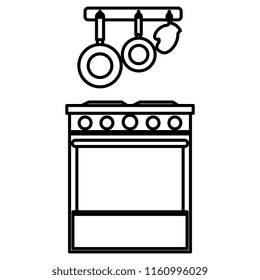 kitchen oven with cutleries hanging