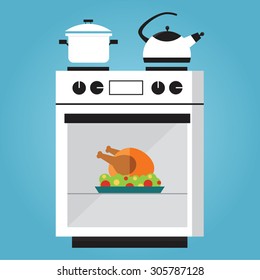 Kitchen Oven With Roast Turkey. Vector Illustration 