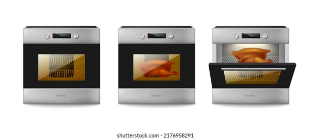 Kitchen oven or stove off and running with open and closed door, realistic template vector illustration isolated on white background. Modern kitchen oven mockup.