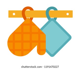 Kitchen padding and mitten on hinges vector flat material design isolated on white