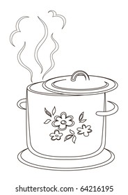 Kitchen pan with a pattern from flower and leaves, silhouette, contours