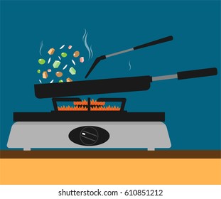 kitchen pan stir fried cooking flat vector