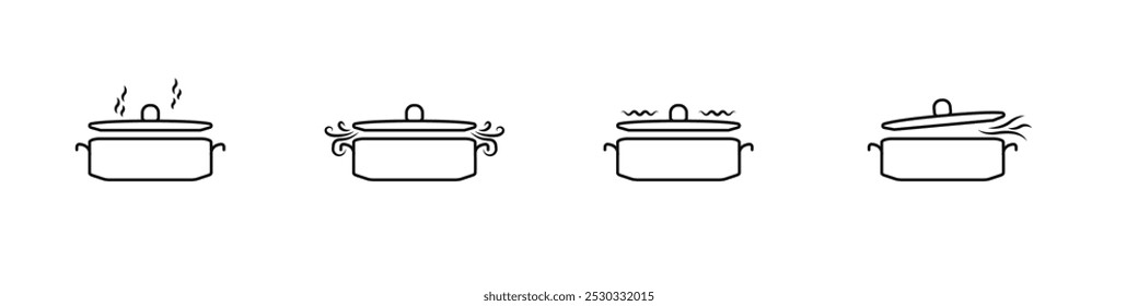 Kitchen pans vector icon set. Kitchen utensils linear icons set. Black linear pans. Steaming kettles for food outline vector. The process of boiling in pots set. Food preparation by catering services.