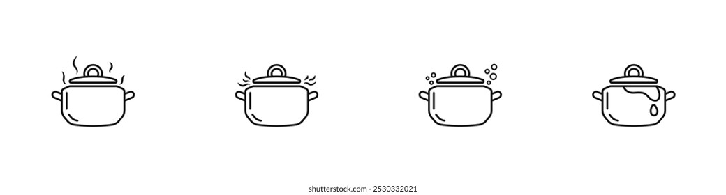 Kitchen pans vector icon set. Kitchen utensils linear icons set. Black linear pans. Steaming kettles for food outline vector. The process of boiling in pots set. Food preparation by catering services.