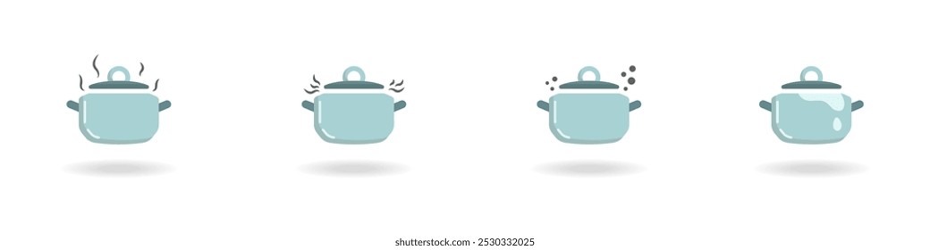 Kitchen pans vector icon set. Kitchen utensils set. Steaming kettles for food vector. The process of boiling in pots set. Food preparation by catering services. Stylish vector set of pans.