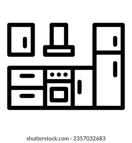 Cocina, despensa con nevera y icono de la línea de cocina, concepto de diseño interior, señal vectorial de electrodomésticos sobre fondo blanco, icono de estilo de contorno para el concepto móvil y diseño web. Gráficos vectoriales