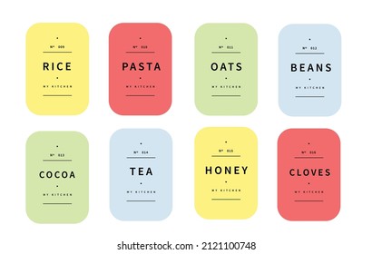 kitchen pantry label designs for spices and herbs, grains and cereals. food organizing colorful stickers and branding in minimalistic modern graphic design style, home improvement and decor