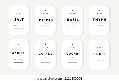 kitchen pantry labels premade design template for herbs and spices, grain and cereals. cooking ingredient organizing printable stickers for jars 