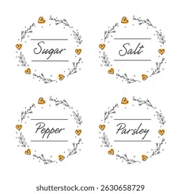 Etiquetas de despensa de cozinha modelo de design pré-fabricado para especiarias - açúcar, sal, pimenta, salsa.