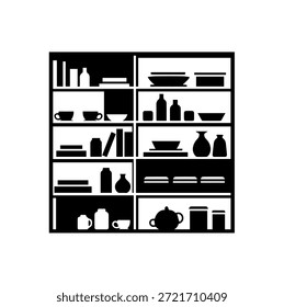Kitchen pantry shelf filled with dishes cups and bottles silhouette vector illustration for home kitchen organization and decor