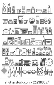 Kitchen Or Pantry Shelves With Goods, Vector Illustration