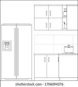 Kitchen and pantry side elevation drawing complete with cabinets, appliance and utensils in 2D CAD drawing. Drawing in black and white.  
