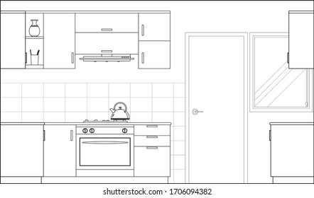 Kitchen and pantry side elevation drawing complete with cabinets, appliance and utensils in 2D CAD drawing. Drawing in black and white.  
