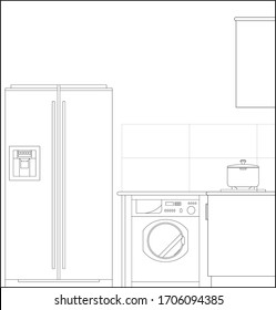 Kitchen and pantry side elevation drawing complete with cabinets, appliance and utensils in 2D CAD drawing. Drawing in black and white.  
