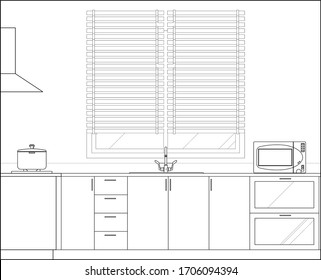 Kitchen and pantry side elevation drawing complete with cabinets, appliance and utensils in 2D CAD drawing. Drawing in black and white.  
