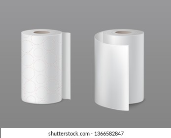 Kitchen paper towel, soft toilet paper rolls with perforated circles and smooth white surface 3d realistic vector. Housekeeping and household products, human hygiene appliances isolated illustration