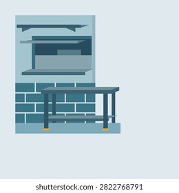 Kitchen pass through drawn as one fixed unit in ocean deep colours, a flat geometric corner with blank panels for your own wording, for catering equipment and premises layouts.