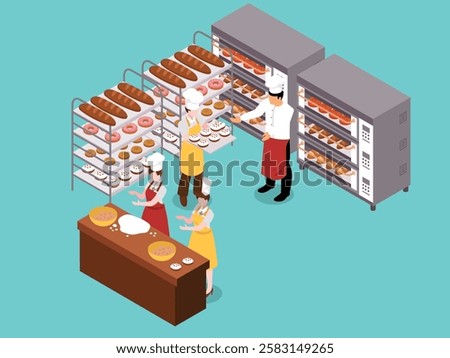 Kitchen with Pastry Chefs Baking and Preparing Bread and Sweets 3d isometric vector illustration