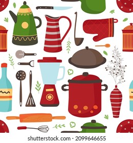 Kitchen pattern. Cooking background, modern cup and dish. Ceramic utensils, stylish crockery. Teapot, vase with floral branch, tools classy vector seamless texture