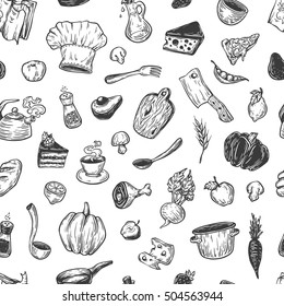 Kitchen pattern. Cooking pattern. Kitchenware, cookware, food, meal, vegetables and fruits.