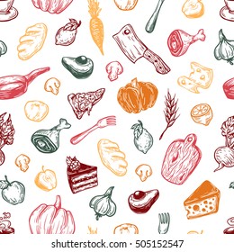 Kitchen pattern. Cooking pattern. Kitchenware, cookware, food, meal, vegetables and fruits. Multicolor.