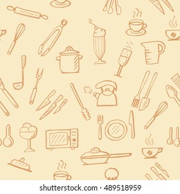 Kitchen pattern. Cooking utensil seamless pattern. Kitchen icons background.