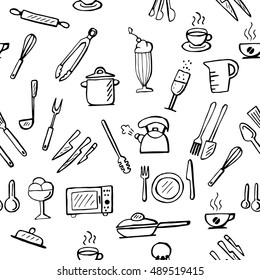 Kitchen pattern. Cooking utensil seamless pattern. Kitchen icons background.