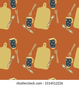 Kitchen pattern - cutting board, cup, cutlery. Stock Vector Graphics