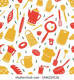 Kitchen pattern with different cooking tools. Cheerful and bright illustration in flat style. Red and yellow colors