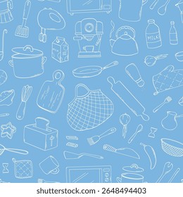 Kitchen pattern with doodles on blue background, kitchen utensils seamless pattern for wallpaper, prints, wrapping paper, backgrounds, banners, etc. EPS 10