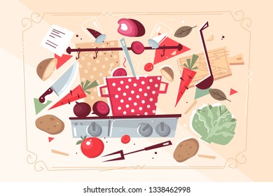 Kitchen pattern with food and kitchenware vector illustration. Vegetables and culinary appliances in square frame flat style design. Cooking meals concept. Isolated in beige